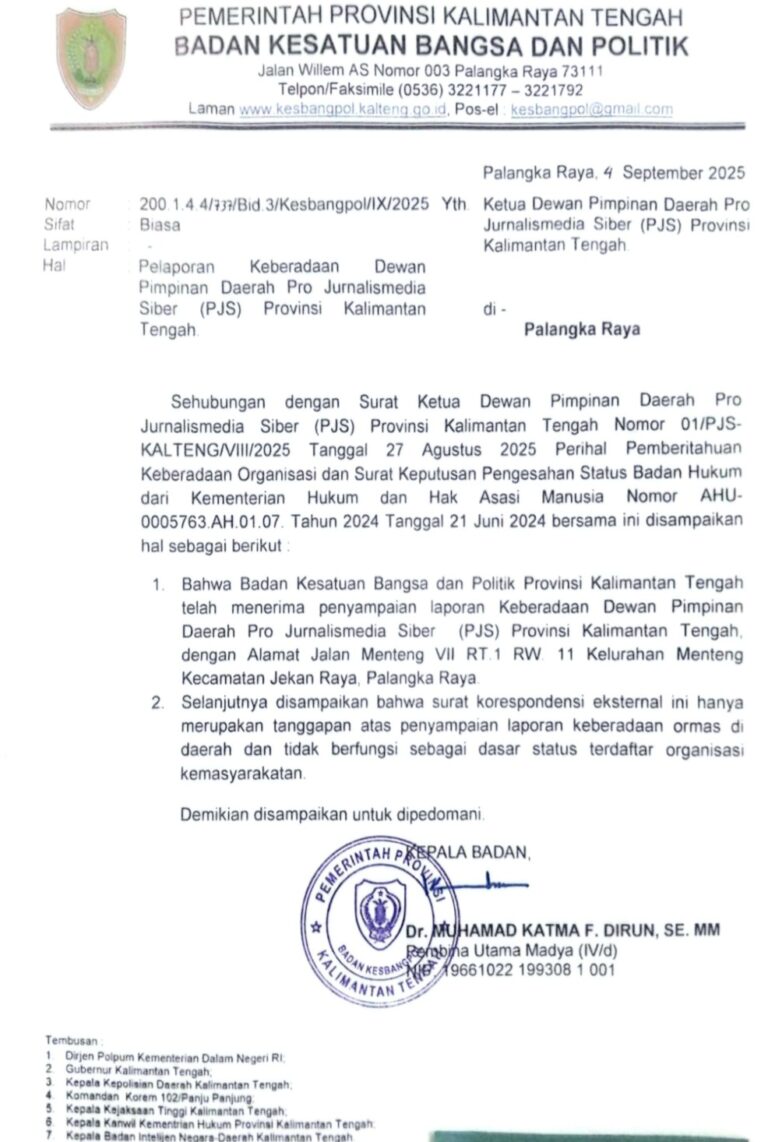 PJS Kalteng Resmi Terdaftar di Kesbangpol, Siap Kawal Informasi Publik yang Kredibel